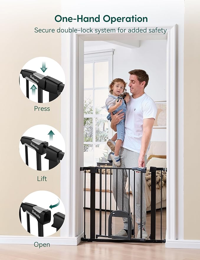 Babelio 36" Tall Upgraded Baby Gate with Cat Door,29-43" Auto Close Durable Dog Gate for Stairs,Doorways and House,Easy Walk Thru,Includes 4 Wall Cups,Black