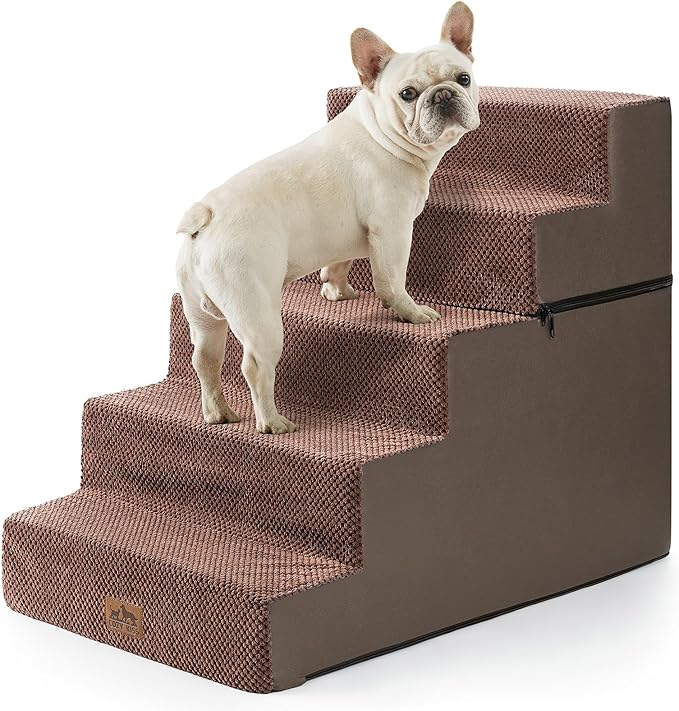 COZY KISS Dog Stairs with Detachable Zipper, 19.7" Extra Wide Right-Angle Pet Stairs for Bed, Anti-Slip Dog Steps for Lowrider and Puppy, Elderly Cats with Support Board, 19.7x29.5x23.6 inch, Brown