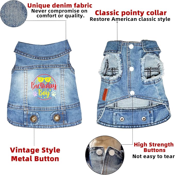 Birthday Gift Boy Dog Jeans Jacket Denim Pet Coat for Puppy Small Dogs Classic Overalls Male Cat Costumes Washed Vest Clothes Outfit T-Shirts (Medium)