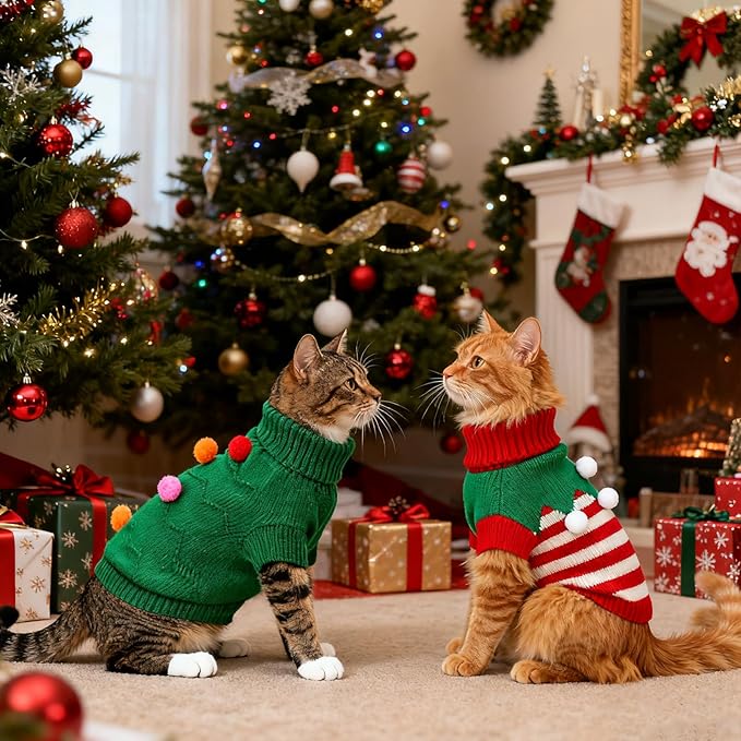 BWOGUE 2 Packs Cat Christmas Sweater Dog Sweaters Pet Cat Winter Knitwear Warm Clothes Christmas Tree with Ball Pet Sweaters for Kittys and Small Dogs