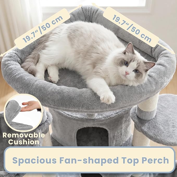 Cat Tree, 73-Inch Sturdy Corner Cat Tower with Wide Top Perch, Cat Furniture with 2 Spacious Condos, 2 Cozy Baskets, 2 Scratching Boards & Interactive Toy for Large Cat, Light Grey VCT021W