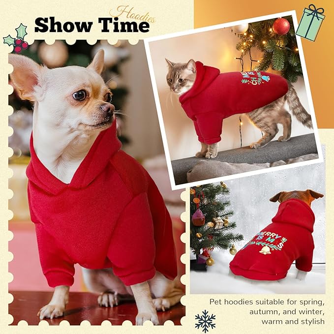 ABRRLO Small Dog Hoodie Clothes Red Christmas Dog Outfit Warm Fleece Dogs Sweater for Small Dogs Cat Boy Girl Cute Puppy Sweatshirt with Leash D Ring Xmas Doggy Costume Chihuahua Yorkie Shihtzu(Red,L)