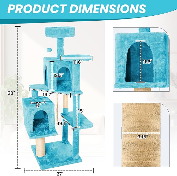59in Large Cat Tree Tower for Indoor Cats with Soft Plush Hang Ball, Two Condos, Sisal Scratch Posts & Rope Play for Kittens/Adult Cats, Blue