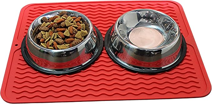 Silicone Pet Feeding Mat for Dogs, Cats, Small Animals, Non-Slip Waterproof Food and Water Mat with Raised Edge, BPA-Free Convenient Hook Storage by Dependable Industries (Red, 12 x 16 inch)