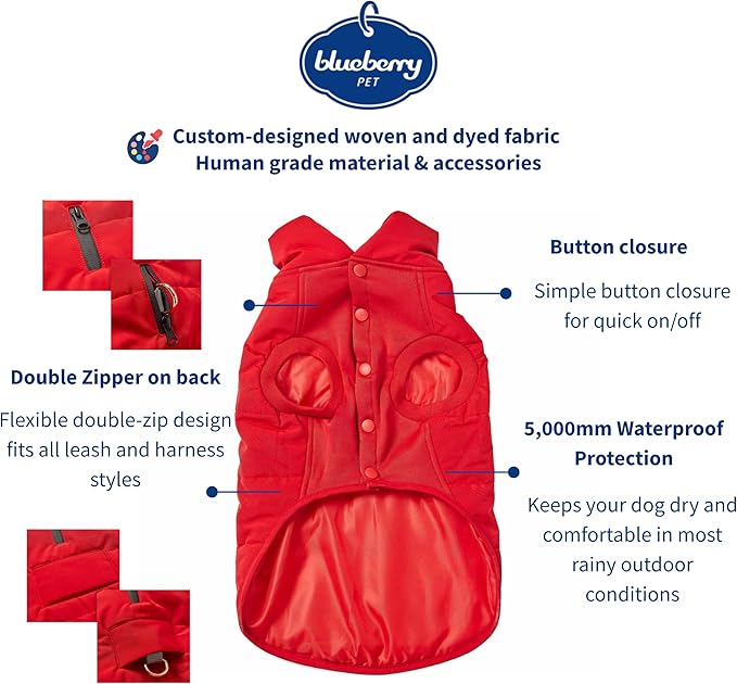 Blueberry Pet Waterproof Quilted True Red Dog Jacket – Cozy Winter Coat & Warm Hoodie for Medium to Large Dogs, Size 18 (20" Back Length)