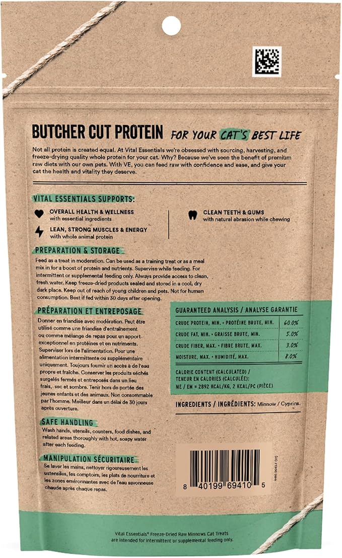 Vital Essentials Freeze Dried Minnows Cat Treats | Single Ingredient | Premium Quality | Grain Free, Healthy Treats for Cats, 1 oz Bag