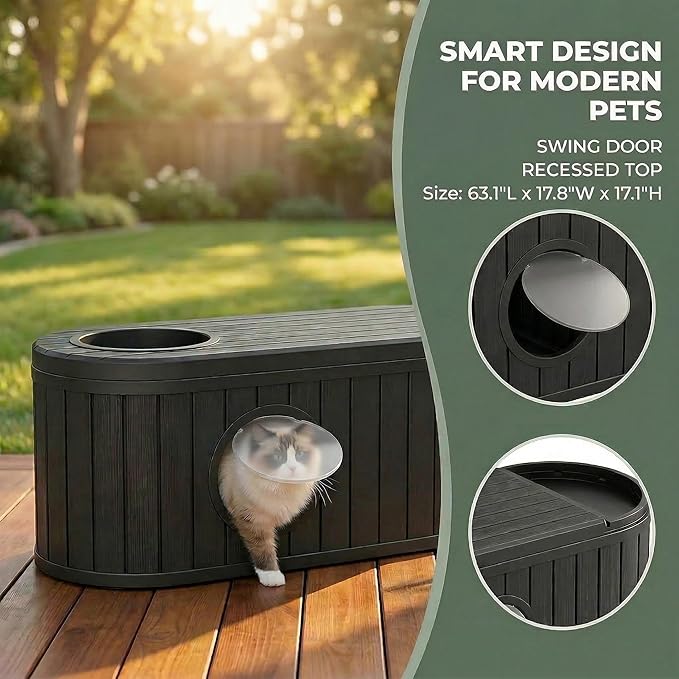 Large Cat Litter Box Enclosure with Hidden Cat Bed, 2-in-1 Resin Cat House Furniture with Flip-Top Lid & Dual-Way Swing Door, Multi-Functional Side Table Bench for Living Room, Easy-Clean Odor Control