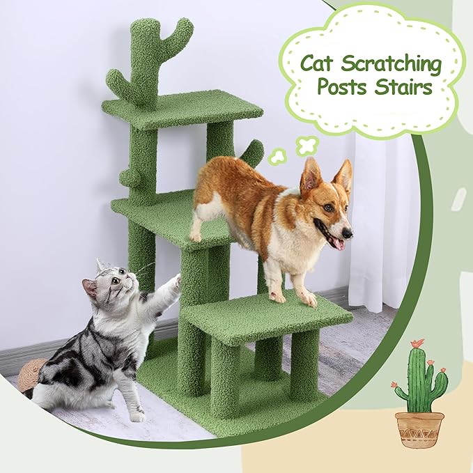 HOMBYS Cautus Cat Stairs for Old Cats & Dogs, Pet Steps for High Beds, Couch & Window,Vertical Cautus Green Cat Tree with Dangling Balls for Indoor Pets Climbing Playing, Holds Up to 150 Lbs,