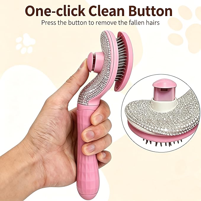 Diamond Rhinestone Cat Hair Brush Deshedding Brush Dog Hair Remover Tool Stainless Steel Comb Slicker Brush with Release Button for Dog Cat Rabbit Shedding Pets Grooming (Pink)