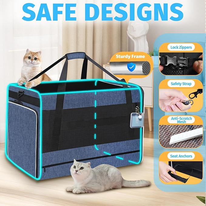 Petskd Side Expandable Extra Large Cat Carrier with Litter Box Area, 24"x17"x17" Soft-Sided Pet Carrier for 2 Cats Under 55 lbs with Zipper Locks for Car Travel(Blue)