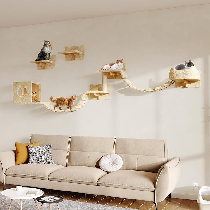 Cat Wall Shelves, Wall Mounted Cat Shelf Furniture with Plush Fabric (9 Piece Set), Cats Furniture with Condos, House, Steps, Bridge Ladder, Scratching Post, Beige