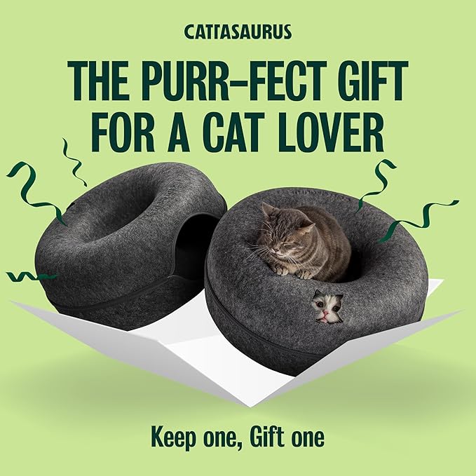 Cattasaurus Peekaboo Cat Cave Donut for Multiple & Large Cats up to 30-45 lbs, 3-in-1 Self Warming Cat Bed, Tunnel & Scratcher for Indoor Cats, Washable & Detachable (Dark Gray + Dark Gray, Large)