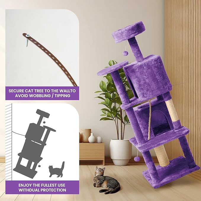 59in Large Cat Tree Tower for Indoor Cats with Soft Plush Hang Ball, Two Condos, Sisal Scratch Posts & Rope Play for Kittens/Adult Cats, Purple