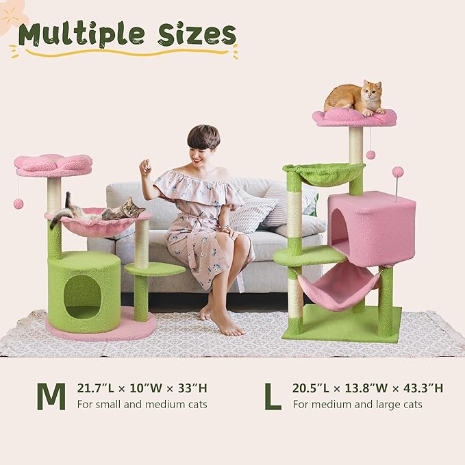 Fantasreen Cat Tree 43'' Cute Cat Tower Flower Cat Trees for Indoor Cat Condo with Hanging Toys Pink Large Top Perch for Kittens and Adults Cats Large