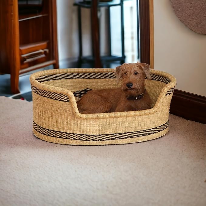 Dog Bed Handmade from Bolga Straw – Eco-Friendly Pet Basket with Optional Cushion – African Artisan Natural Furniture
