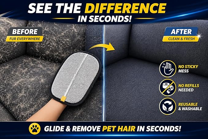 Pet Hair Remover Glove for Dogs & Cats – Reusable Electrostatic Fur Remover for Couch, Carpet, Car & Clothes, No Sticky Lint Roller Alternative, Easy to Use