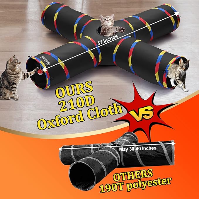 Cat Tunnels - 4 Way Cat Tunnel for Indoor Cats Play & Exploration (with Mouse Toy) - Collapsible Pop Up Tubes for Ferrets, Rabbits, and Small Dogs Fun