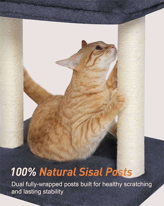 Cat Tree with Large Top Perch Bed (19"×15.8"), Small Cat Tower with Scratching Post for Indoor Cats, Dual Natural Sisal Scratcher,Space-Saving,Removable Bed (Dark Gray)