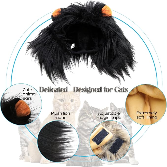 Lion Mane Wig for Cat, Funny Pet Cat & Puppy Costumes for Halloween & Christmas, Funny Pet Clothing Accessories (Medium, Black & Light Brown)
