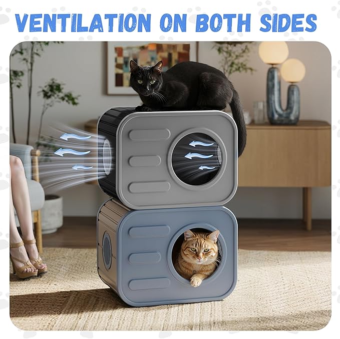 Double Outdoor Cat House Stack Design, Cat Houses for Outdoor Cats Camera Appearance Ventilated Spacious Stackable with Large Door for Several Feral Cats Outside Cat Shelter for Large Pet (Blue)
