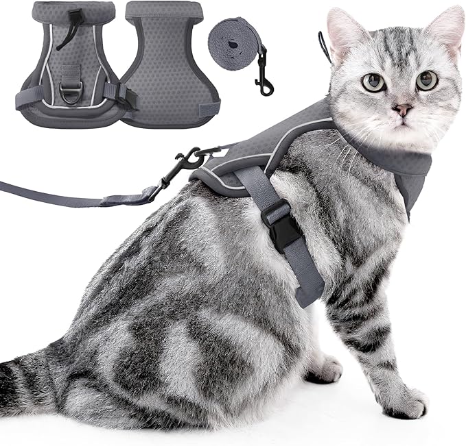 JOHNBOLIN Cat Harness and Leash Set - Escape Proof, Adjustable Breathable Vest Harnesses with Reflective Strips, Easy Control & Secure Walking for Small Medium Large Cats Kitten Collar (Grey, Large)