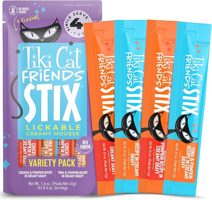 Tiki Cat Friends Stix Mousse Treats Variety Pack, Single Serve Lickable Treat or Dry Food Topper, 1.6 oz. Pouch