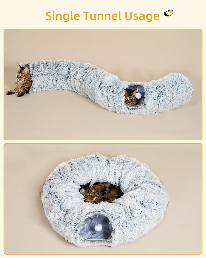 Aechonow 3-in-1 Cat Tunnel Bed, 34'' Tall Cat Scratching Post for Indoor Cats, Fluffy Peekaboo Donut Hideout Toy for Pets, Rabbit, Ferret