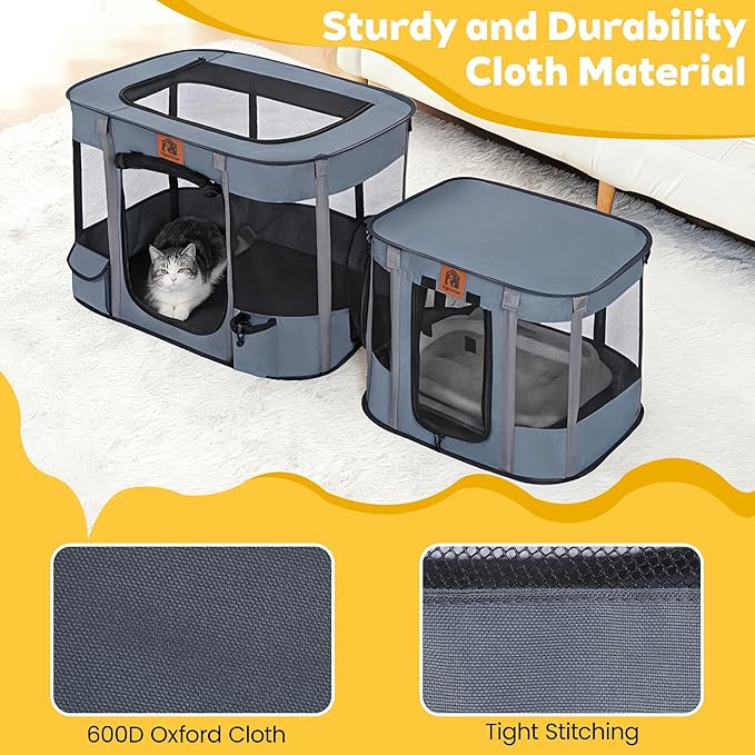 Portable Cat Playpen 2-in-1, Enclosed Kitten Playpen with Litter Box Cage Area, Pet Playpen with Collapsible Tent Rod Reinforced for Cats Puppy Rabbit Hamster Indoor Outdoor Use (Grey)