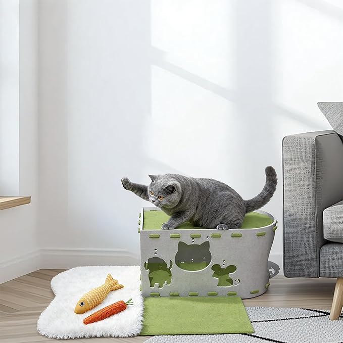 3-in-1 Large Cat House & Cat Tunnel for Indoor Cats - Foldable Felt Cat Cave Bed with Scratching Surface, Washable Mat & Toys - Sturdy Interactive Pet Condo Hideaway for Kittens & Small Dogs
