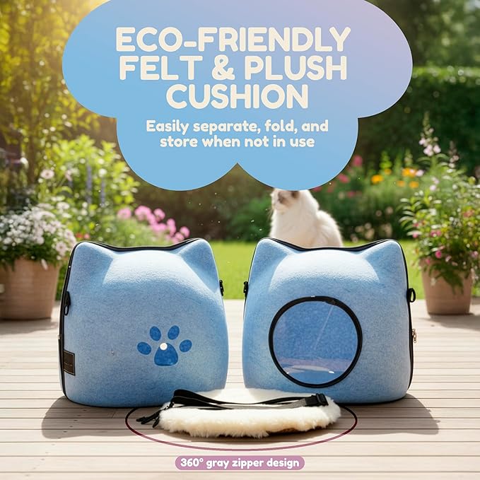 Cat Cave Bed for Indoor Cats – Felt Covered Hideaway with Cushion, Foldable Enclosed Pet House, Portable Cozy Cave Bed for Medium & Large Cats (Blue)