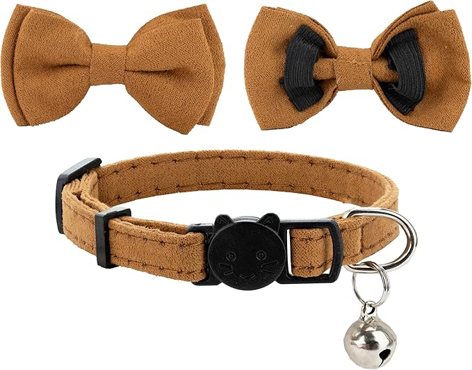 Cat Collar with Bow Tie Bell Breakaway Kitten Small Pet Safety Solid Wedding Basic Pure Color Suede Soft Adjustable [1pc] Khaki