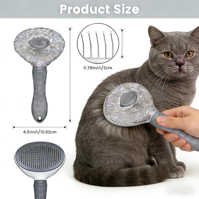 Diamond Rhinestone Cat Hair Brush Deshedding Brush Dog Hair Remover Tool Stainless Steel Comb Slicker Brush with Release Button for Dog Cat Rabbit Shedding Pets Grooming (Gray)