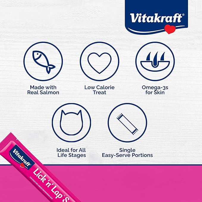 Vitakraft Lick 'N' Lap Real Salmon Squeezeable Liquid Cat Treats, Lickable, Salmon Broth #1 Ingredient, No Artificial Colors, Preservatives or Added Sugar, for Hydration, 0.52 oz. Tubes, 16 Count