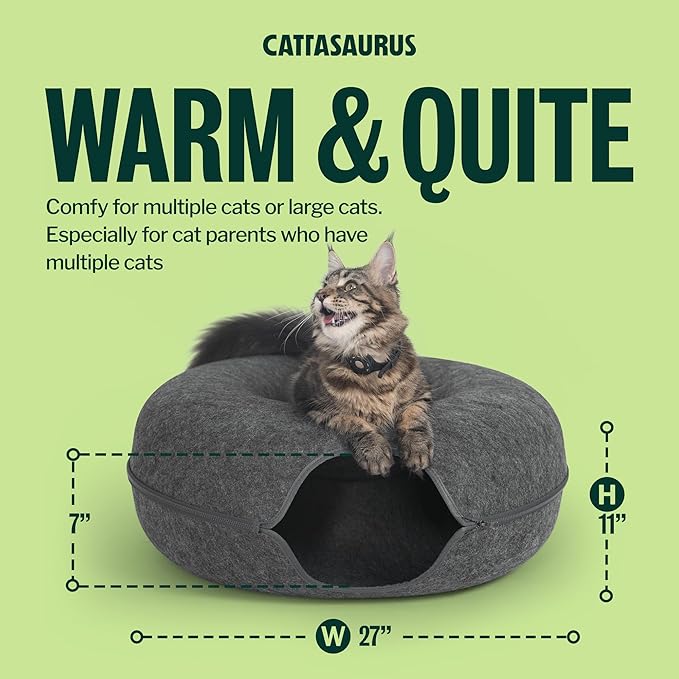 Cattasaurus Peekaboo Cat Cave Donut for Multiple & Large Cats up to 30-45 lbs, 3-in-1 Self Warming Cat Bed, Tunnel & Scratcher for Indoor Cats, Washable & Detachable Small Dog Bed (Dark Gray, Jumbo)