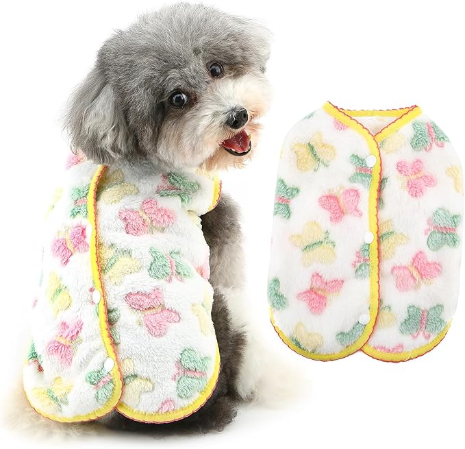 Cute Jacquard Butterflies Pet Fleece Vest for Small Dog Puppy Sleeveless Sweater Back Button Down Yorkie Chihuahua Fall Winter Clothes Cat Clothing,White,XS