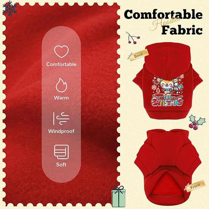 ABRRLO Small Dog Hoodie Clothes Red Christmas Dog Outfit Warm Fleece Dogs Sweater for Small Dogs Cat Boy Girl Cute Puppy Sweatshirt with Leash Hole Xmas Doggy Costume Chihuahua Yorkie(Xmas Deer,XS)