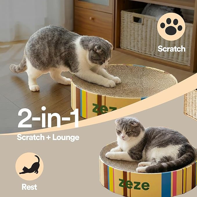ZEZE Round Cat Scratcher Bed — Durable Corrugated Cardboard Cat Lounge, Scratch & Sleep Bowl Shape Cat Bed, Cozy Curved Design, Minimal Mess, Sturdy Edge Support (Cream Mille-Feuille)
