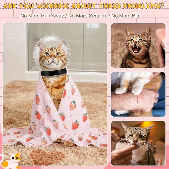 Chunful Cat Muzzle for Grooming, Cat Helmet and Wrap for Cutting Nails, M Size Adjustable Mask, 27.6" Anti-Escape Calming Swaddle Cloth, Bathing Shaving Anti-Scratch Pet Tools(Strawberry)