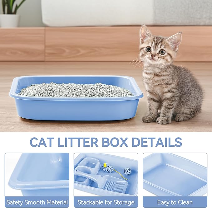Blue Cat Litter Box Set, Small Cat Kitten Starter Kit with Litter Scoop, Cat Bowl, Kittens Toy; Heated Cat Bed Indoor, Microwavable Heating Pads for Cats with 2 Cozy Covers