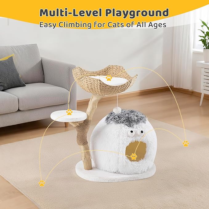 AQUILLA 30.7" Cute Cat Tree Tower for Indoor Cats, Fluffy Cat Condo with Seagrass Basket Bed, Furry Ball House, Sisal Scratching Posts & Stable Base, Beige