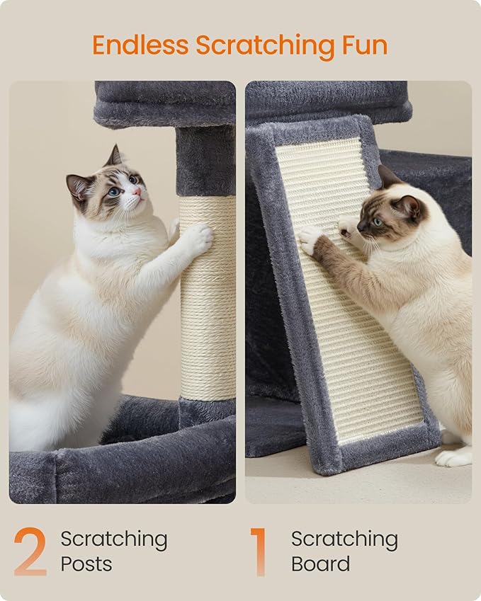 Feandrea Cat Tree, Cat Tower Condo with Scratching Posts and Ramp, 2 Large Perches, Cave, Basket, 33.8 Inches Tall, Dark Gray UPCT013GS02S