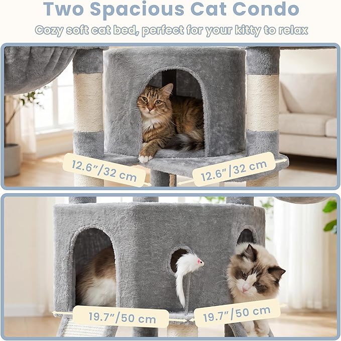 Cat Tree, 73-Inch Sturdy Corner Cat Tower with Wide Top Perch, Cat Furniture with 2 Spacious Condos, 2 Cozy Baskets, 2 Scratching Boards & Interactive Toy for Large Cat, Light Grey VCT021W