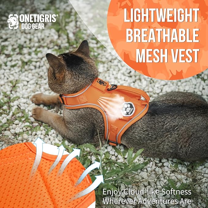 OneTigris Tactical Cat Harness and Leash - Escape Proof Soft Adjustable Cat Harness, Breathable, Comfortable, Durable Water-Resistant Vest with Reflective Strips and Pocket for Cat Tracker