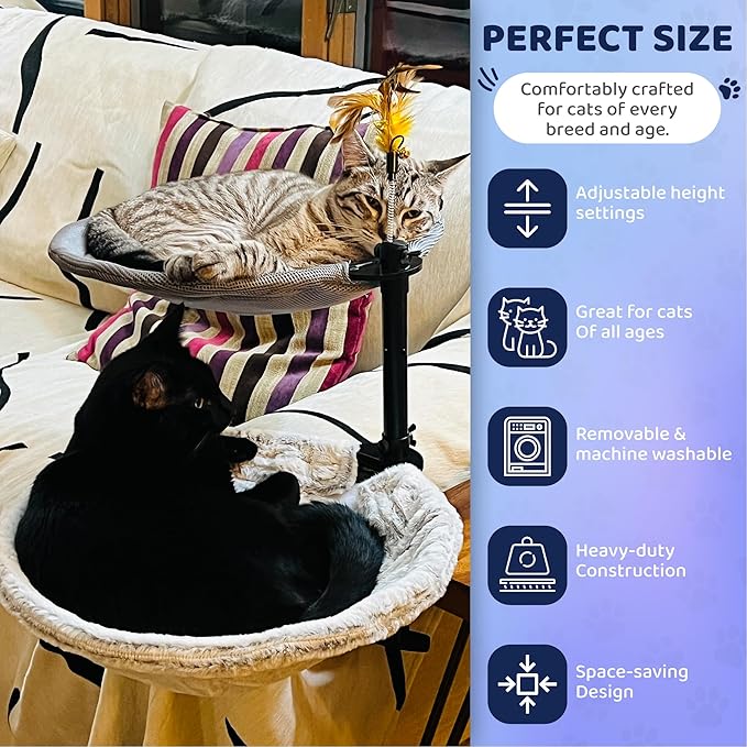 2-Tier Cat Desk Bed – Dual Hammock Desk Mounted Perch for 1–2 Cats, Space-Saving Shelf with Soft Plush & Breathable Mesh Pads, Adjustable Height, Feather Toy Included