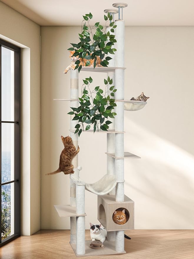 Fantasreen Large Cat Tree Floor to Ceiling Tower, Adjustable Height 77-101 Inches Tall, Climbing Cat Activity Furniture with Thickened Posts, Hammock Bed and Condo for Indoor Cats, White