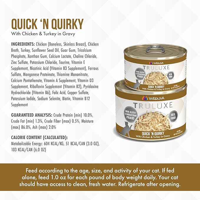 Weruva Truluxe Cat Food, Quick 'N Quirky with Chicken & Turkey in Gravy, 3oz Can, Pack of 24