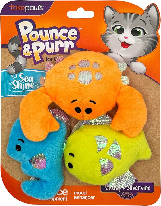 Pounce & Purr® Plush Cat Toys, Catnip & Silvervine Infused, Shiny Iridescent Accents, Interactive Play Toys for Cats & Kittens (Colorful Seashine Series)