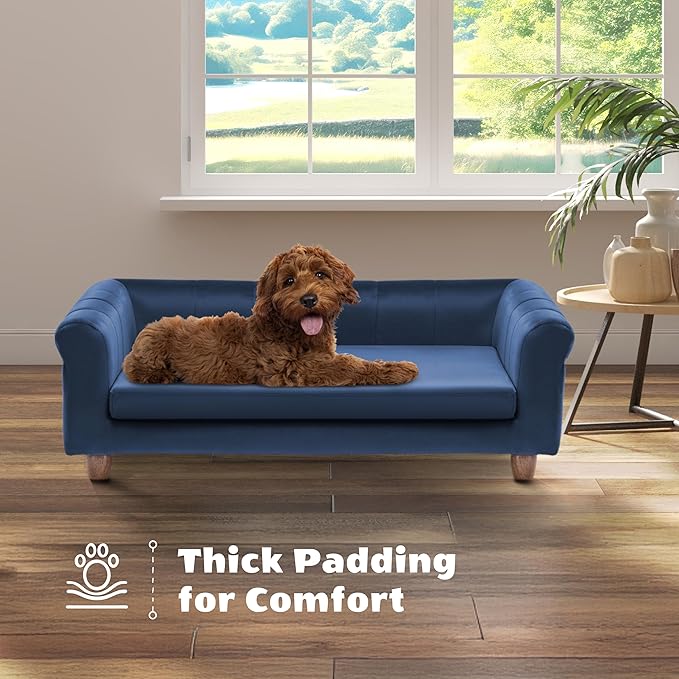 CRITTER SITTERS 42-in. Elegant Navy Faux-Velvet Rectangular Dog Sofa for Medium and Large Dogs, Elevated Plush Dog Couch