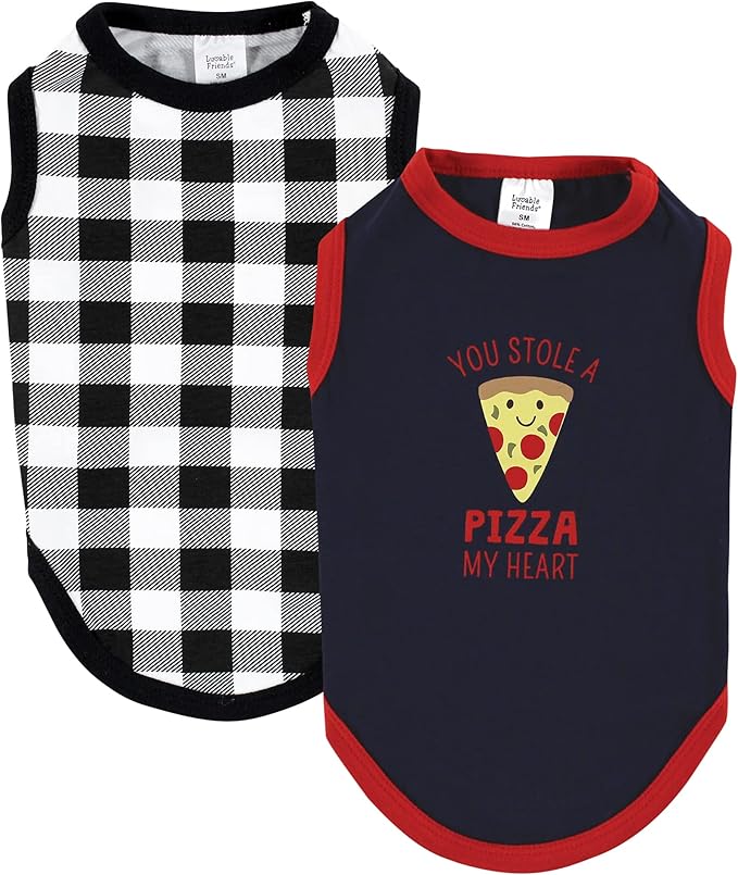 Luvable Friends Dog Pet Dog and Cats Cotton T-Shirts 2pk, Pizza Plaid, X-Large