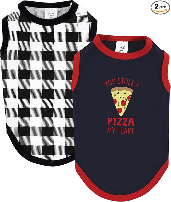 Luvable Friends Dog Pet Dog and Cats Cotton T-Shirts 2pk, Pizza Plaid, Small